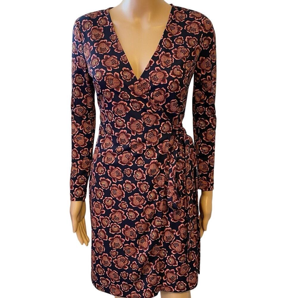 Ann Taylor Women's Sz 0p Long Sleeve Wrap Midi Dress V Neck Navy Floral Party